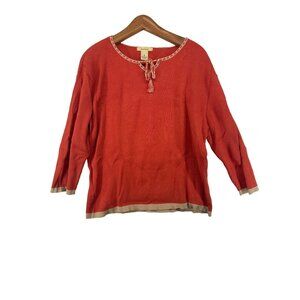 Vtg Bechamel Womens Sz XL Orange Sweater Beige Trim 100% Cotton Ribbed Knit Top
